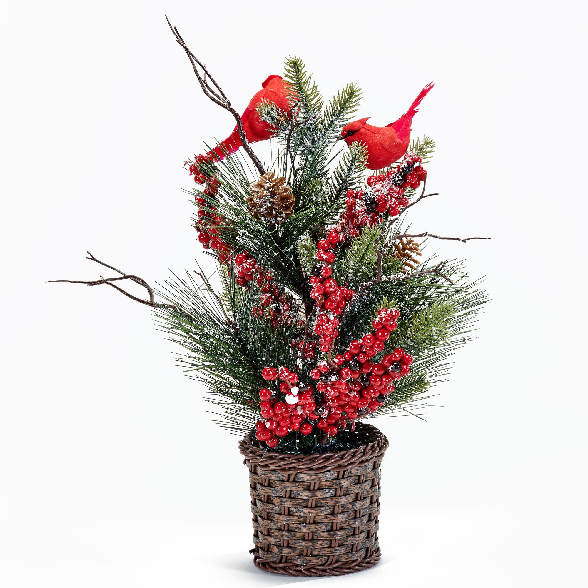 16" Christmas Basket with Artificial Red Berries, Pine, Cardinals & Cones